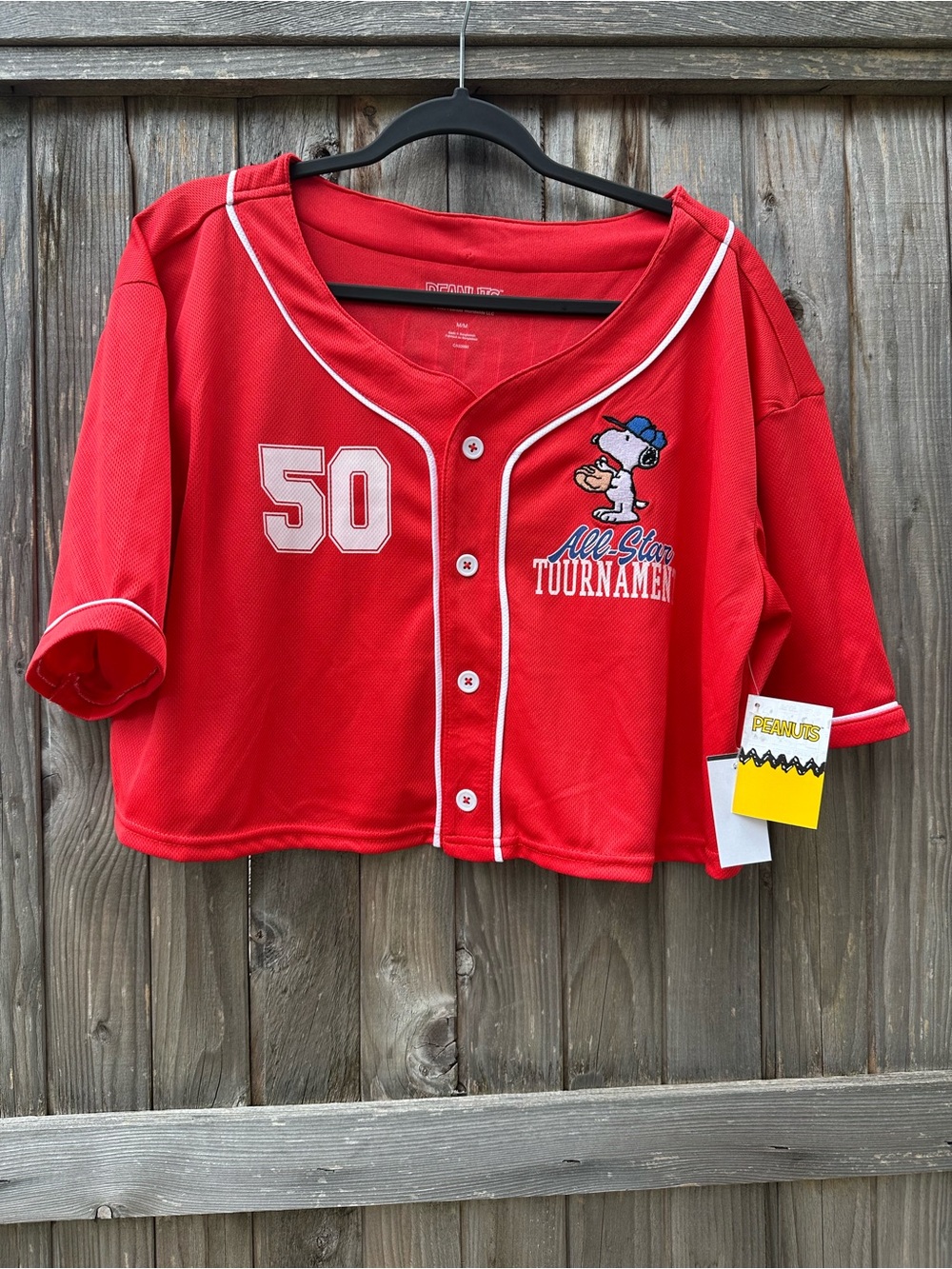 Peanuts Red Baseball-Style Cropped Button Front Top with Snoopy Patch